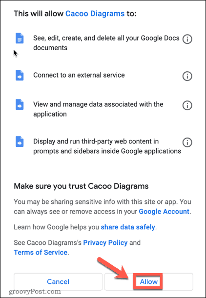 Google Docsi lisandmooduli lubade aktsepteerimine
