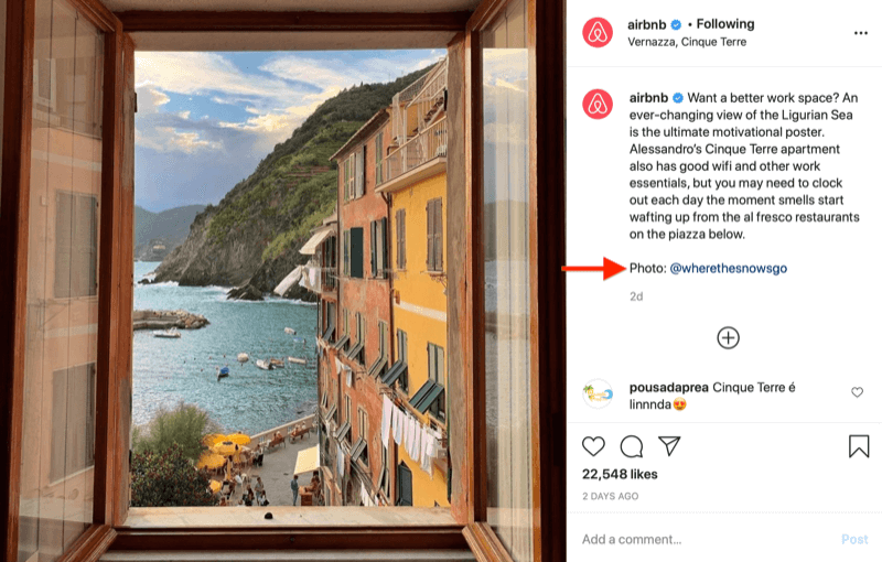 Instagrami pildi repost by @airbnb koos pildikrediidiga @wherethesnowsgo, nagu ülaltoodud pildil nõutud