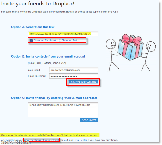 Dropboxi ekraanipilt - palju viise, kuidas jagada oma kutseid dropboxi