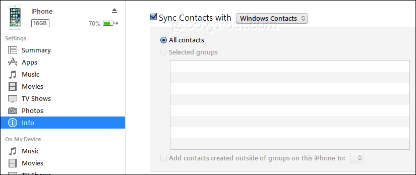 sünkroonige iphone-i kontaktid Windowsi kontaktidega iTunes'i kasutades