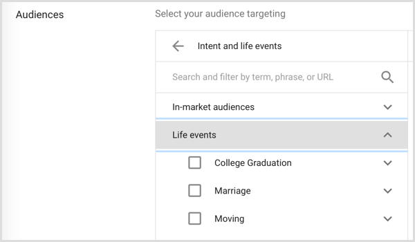 Google Adwordsi vaatajaskond, kes sihib elusündmusi