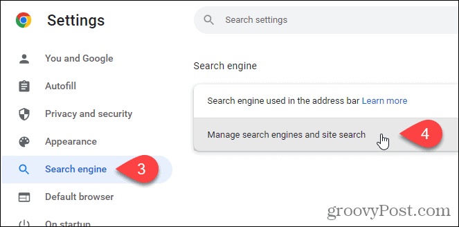 Klõpsake Chrome'i otsingumootori ekraanil valikul Halda otsingumootoreid ja saidiotsingut