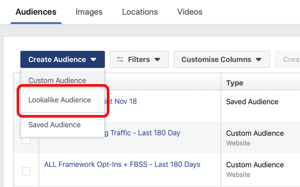 Võimalus luua Facebooki sarnase vaatajaskond jaotises Loo vaatajaskond Facebooki reklaamihalduris.