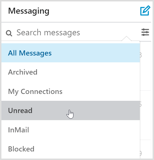 LinkedIni sõnumite postkasti filtrid sisaldavad lugemata sõnumite filtrit.