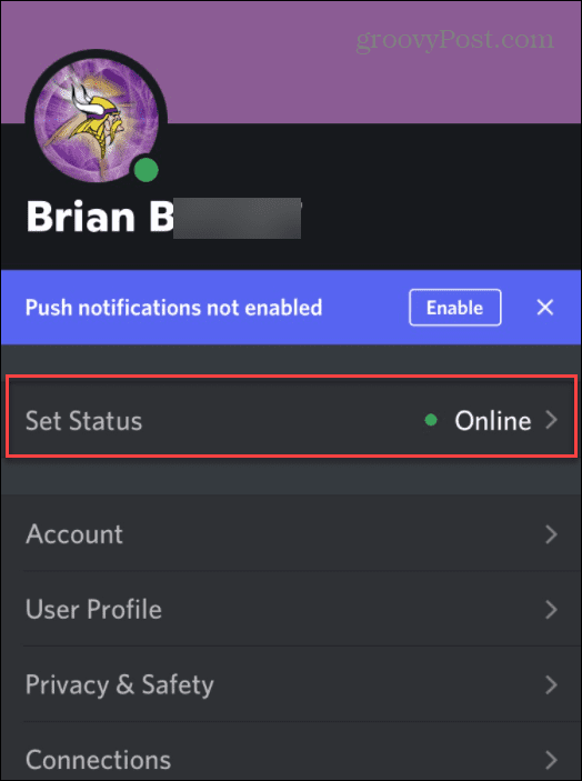 Seadista Status Discord mobile