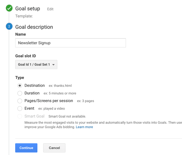 Seadistage Instagrami lugude jaoks Google Analytic Goals, 6. samm.