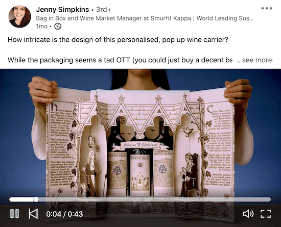 näide jenny simpkinsi linkedin-videost, mis näitab, kuidas veinipaki sisseehitatud detailset pakendit muljet avaldada