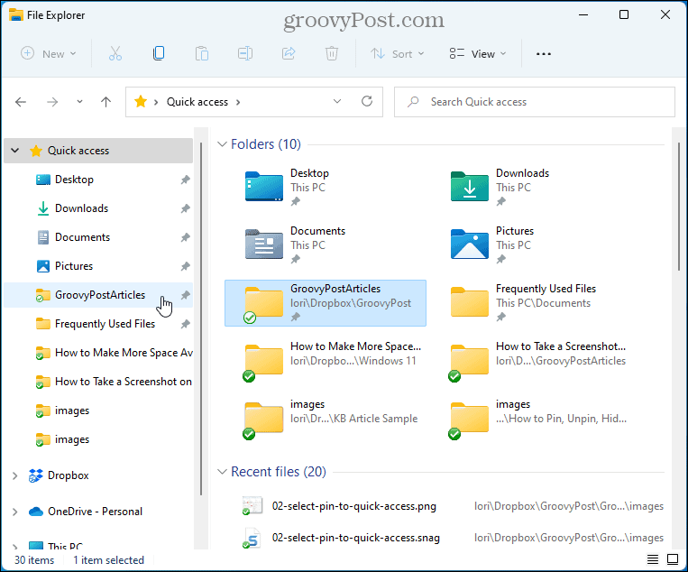 Kiire juurdepääsu kaustad File Exploreris