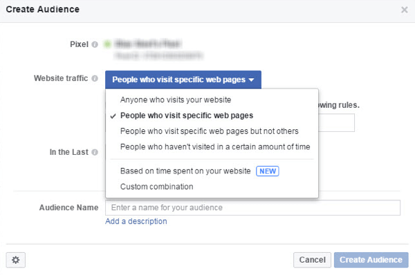 Valige menüüst Veebisaidi liiklus, kelle soovite kaasata oma Facebooki kohandatud vaatajaskonda.