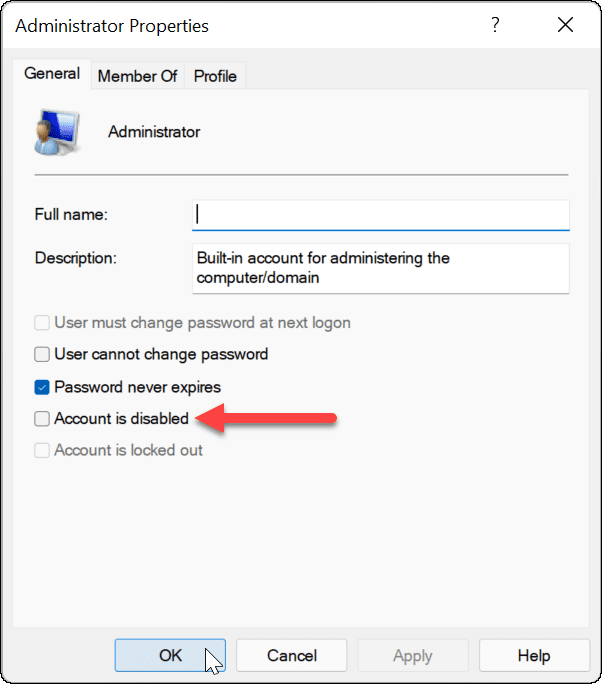 lubage administraatori konto Windows 11-s