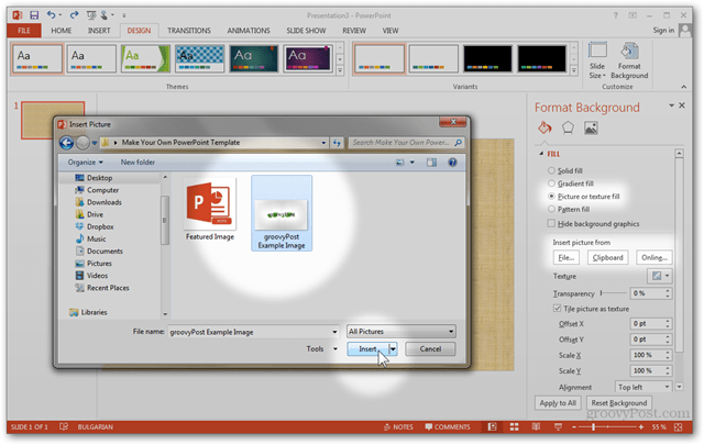 Office 2013 mall Loo kohandatud kujunduse POTX kohandamine slaidide jaoks Slaidid Juhendamine Kuidas pildistada fototekstuuri täitmine Lõikelaua faili importimine