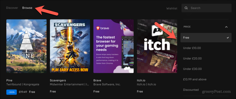 Epic Games Store'i veebisait, kus kuvatakse ostmiseks mõeldud mänge
