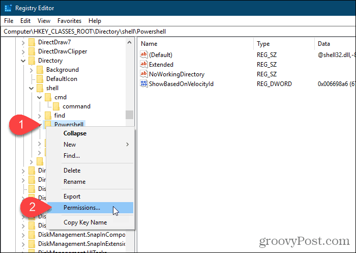 Valige Windowsi registriredaktoris Powershelli võtme jaoks õigused