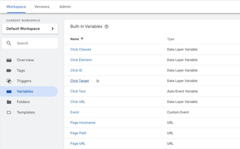 näide google tag manager armatuurlaua tööruumist valitud muutujatega ja näidatud mitme näidismuutujaga, mille tüüp on igaühele märgitud