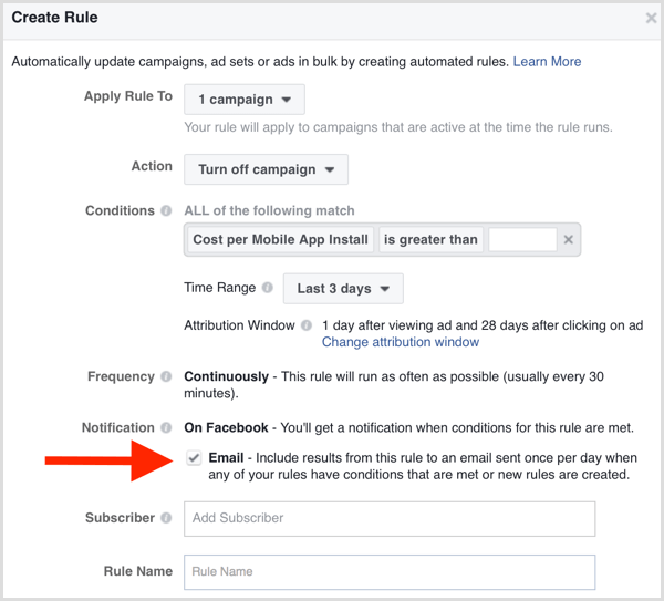 Facebook Ads Manageri automatiseeritud reegli e-posti teatis
