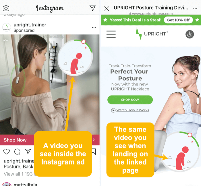 samad video- ja visuaalsed elemendid Instagrami reklaamis ja lingitud sihtlehel