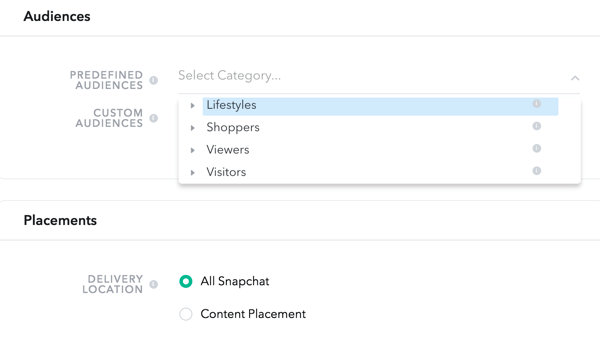 Snapchat võimaldab teil valida vaatajaskonnad nelja etteantud kategooria hulgast.