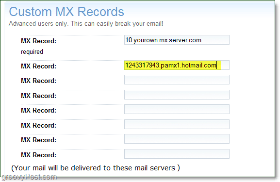 üle oma reaalajas teenuste mx-serveri teabe oma domeeni täpsemate valikute lehele kohandatud mx-kirjete jaoks