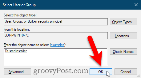 Sulgege Windowsi registriredaktoris dialoogiboks Vali kasutaja või rühm