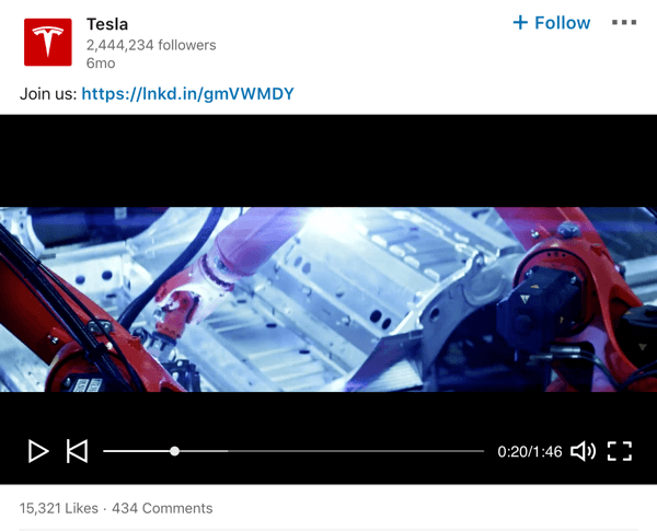 Tesla LinkedIni ettevõtte lehe videopostituse näide.