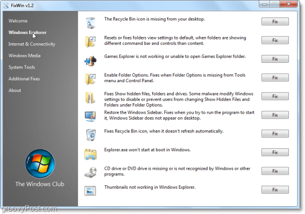 FixWin Windows Explorer parandab ekraanipilti