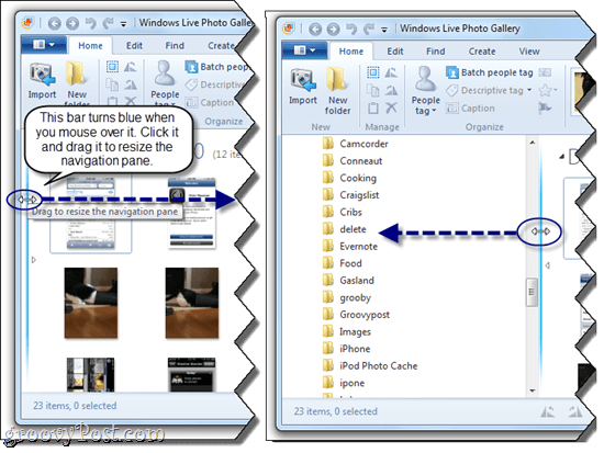 Windows Live'i fotogalerii navigeerimispaanide suuruse muutmine