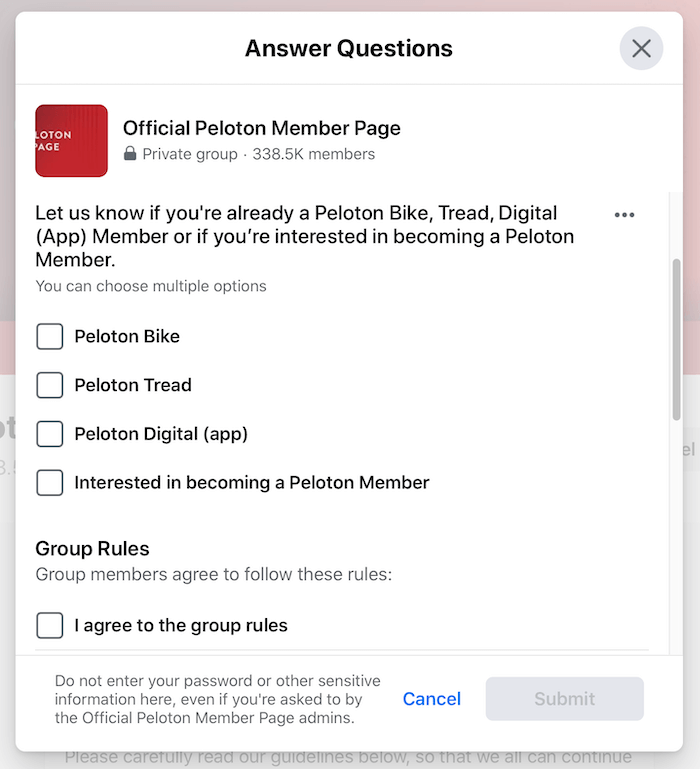 näide facebooki grupi sõeluuringute küsimustest ametlikule Pelotoni liikmete leherühmale