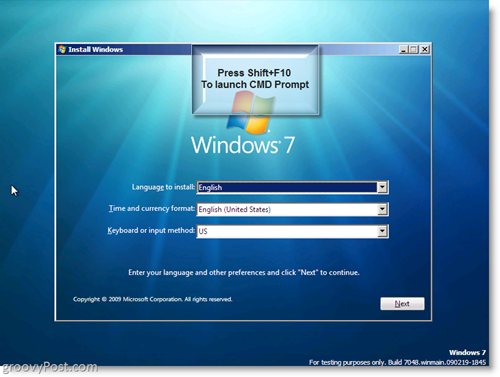 Windows 7 installimine - käivitage CMD Prompt, kasutades Shift + F10