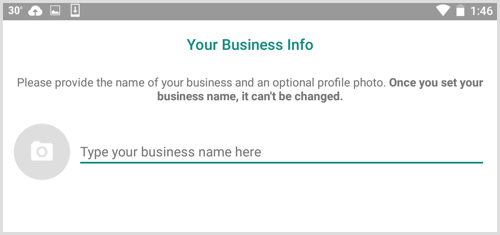 Sisestage oma ettevõtte nimi WhatsApp Businessi ekraanile Teie ettevõtte teave