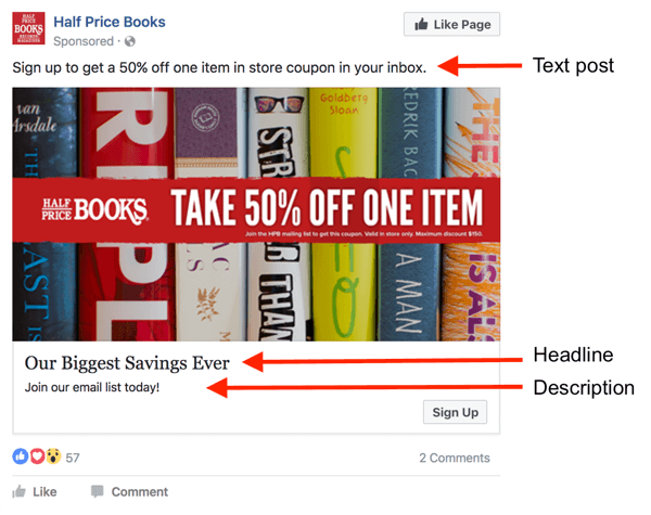 Facebooki reklaamis on teksti jaoks kolm ala.