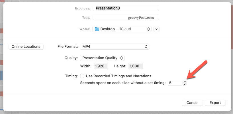 Eksporditud video käsitsi ajastamise kasutamine Macis PowerPointis