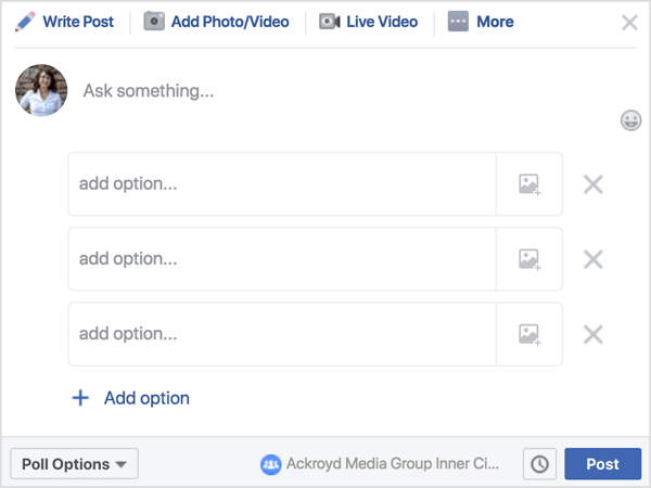 Klõpsake Facebooki grupipostituses valikut Küsitlus ja kirjutage siis küsimus või viip. 