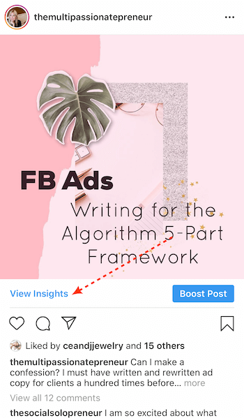 Vaadake nuppu Insights Instagrami ettevõtte postituses