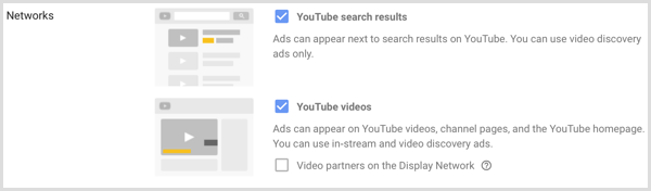 Google AdWordsi kampaania võrguseaded.