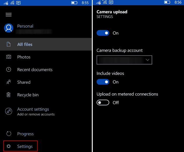 Tehke Windows 10 Mobile automaatselt OneDrive'i varundamiseks