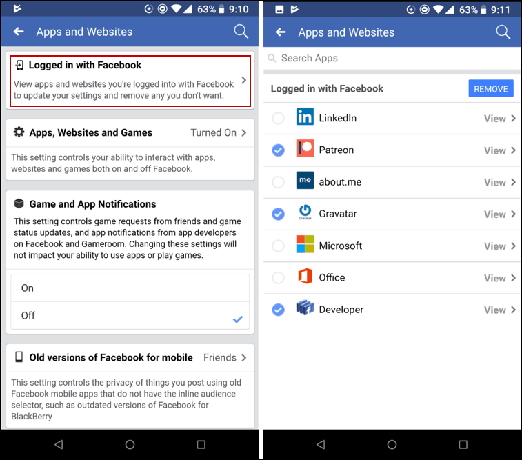 Eemaldage rakendused Facebook Mobile