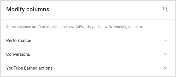 Google AdWordsi analüütika muudab veergude kuva