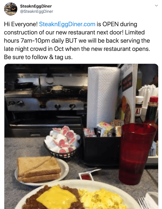@steakneggdineri twitteripostituse ekraanipilt, säutsudes oma uue restorani ehitamise ajal piiratud tundidel