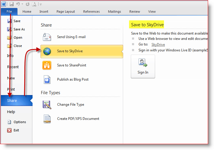 Salvestage dokumendid SkyDrive'i veebisalve