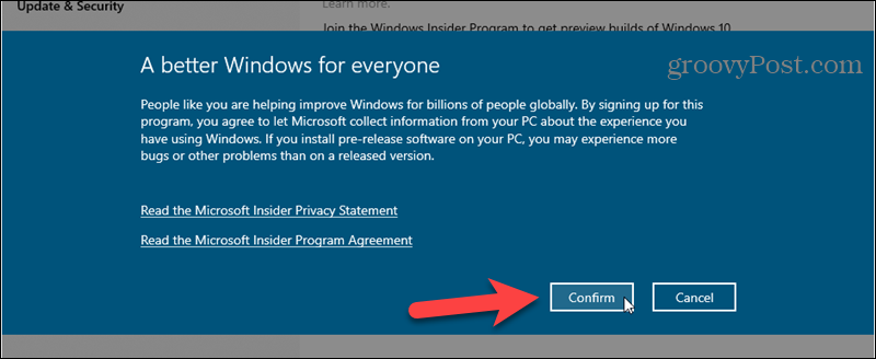 Kinnitage programmi Windows Insider registreerumine