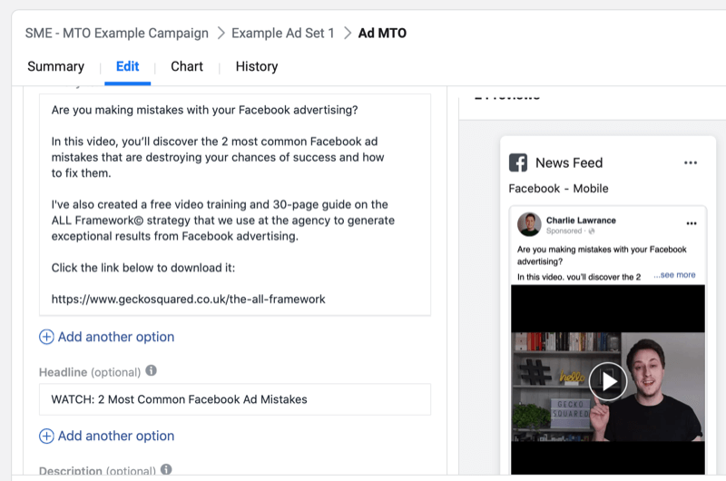 samm-sammult ülevaade mitme tekstivalikuga Facebooki kampaania loomiseks
