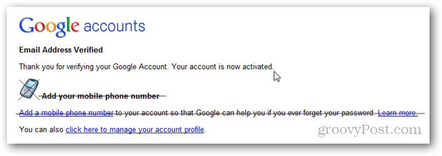google'i konto e-posti aadress on kinnitatud