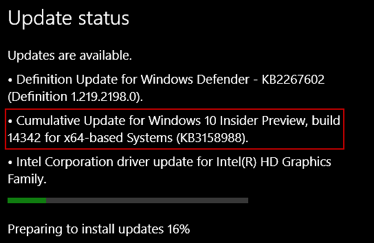 Windows 10 värskendus KB3158988 for Preview Build 14342 for PC