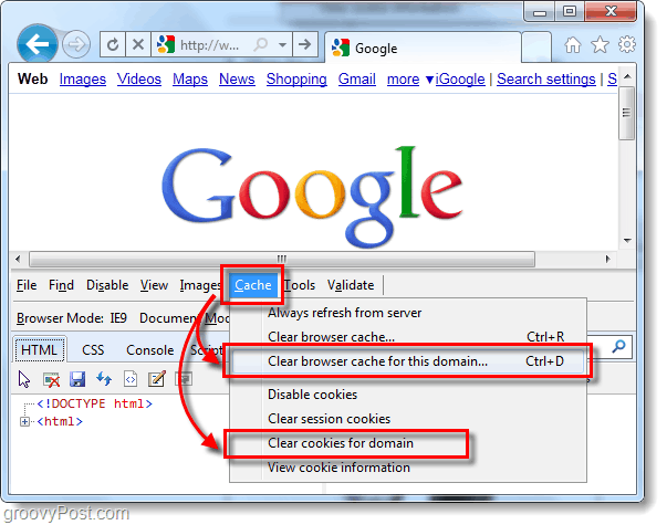 Kuidas kustutada Internet Explorer 9 vahemälu ja küpsised üksikute saitide jaoks