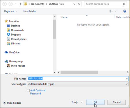 Outlook 2016 - valige PST-faili nimi ja asukoht