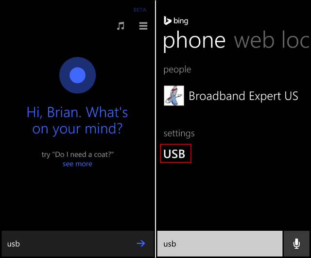 Cortana USB-otsing