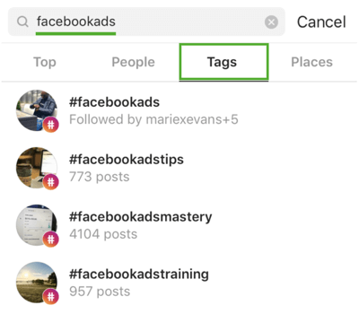 Kuidas oma Instagrami strateegiliselt kasvatada, järgige 9. sammu, leidke asjakohaseid räsimärke, näiteks otsige sõna „facebookads”