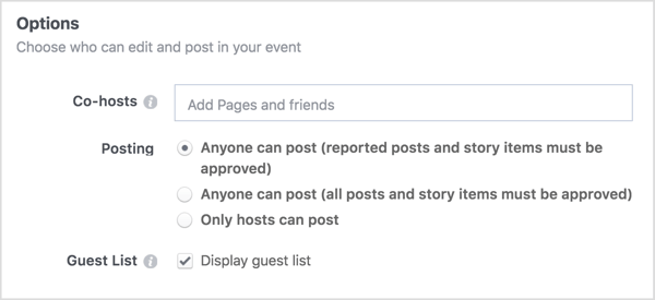 Sisestage ärilehtede või sõprade nimed, kellega oma Facebooki sündmust jagate.