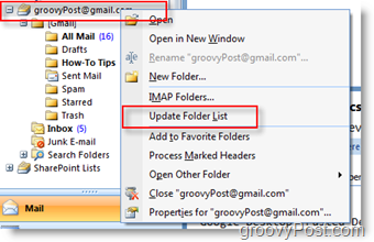 Värskendage iMAP GMAIL-i kaustade loendit rakenduse Outlook 2007 navigeerimise tööriistaribal