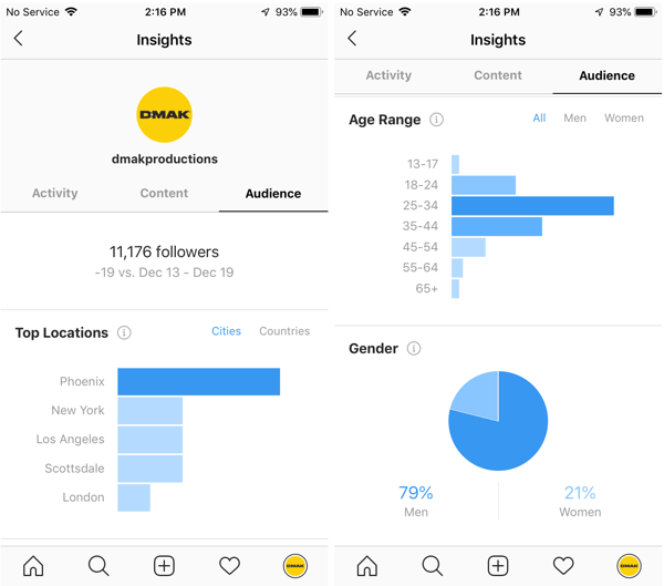 Näited DMAK Productions'i konto Instagrami ülevaate kohta vahekaardi Vaatajaskond alt.